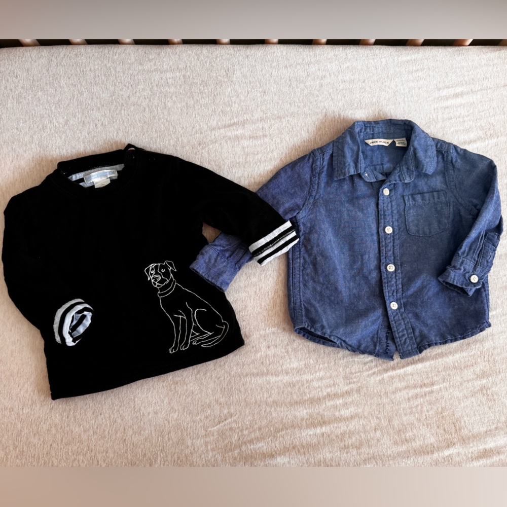 Janie and Jack Chambray Blue Button Up & Black/Blue dog shirt